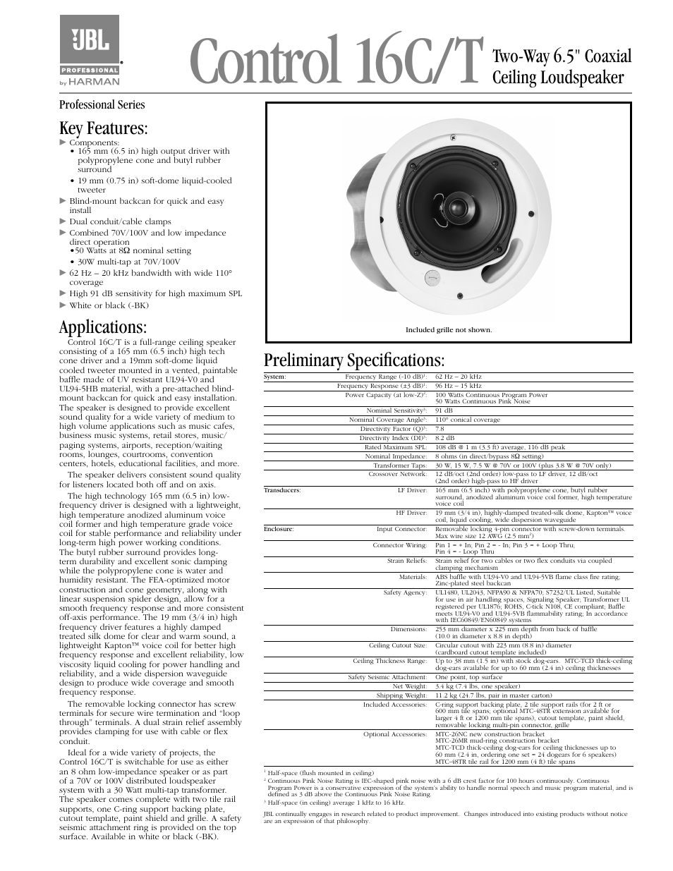 JBL Control 16C/T 2-Way 6.5" Coaxial Ceiling Loudspeakers (Pair, Black) User Manual | 2 pages