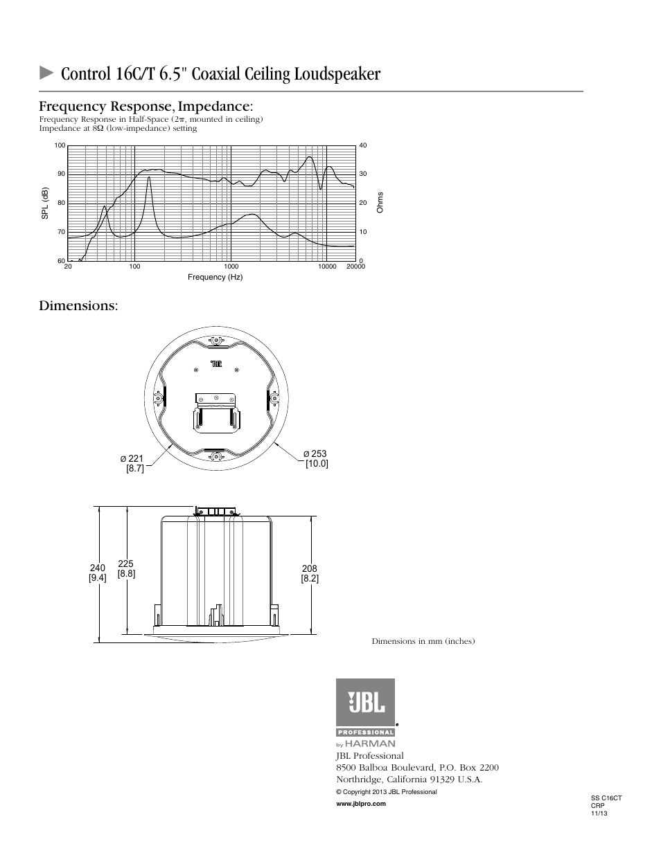 Ccontrol 16c/t 6.5" coaxial ceiling loudspeaker, Dimensions, Frequency response, impedance | JBL Control 16C/T 2-Way 6.5" Coaxial Ceiling Loudspeakers (Pair, Black) User Manual | Page 2 / 2