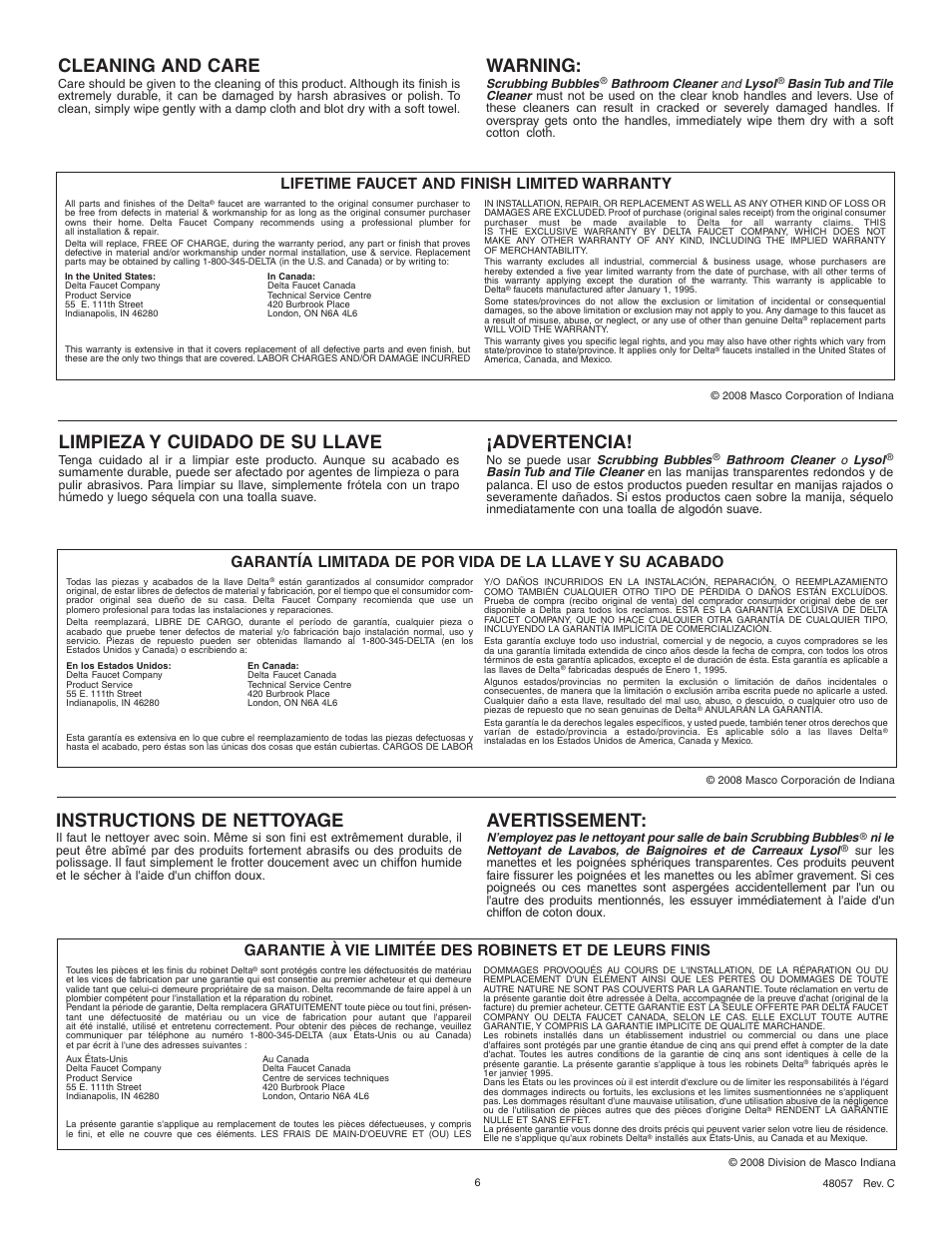 Cleaning and care, Warning, Instructions de nettoyage | Avertissement, Limpieza y cuidado de su llave, Advertencia, Lifetime faucet and finish limited warranty | Delta 48057 User Manual | Page 6 / 6