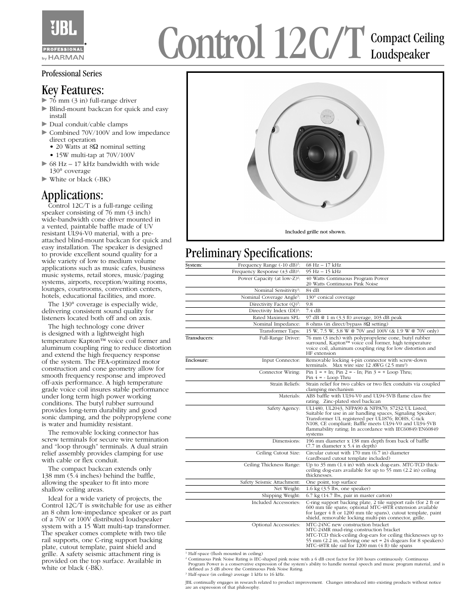 JBL Control 12C/T Series 3" 40W Passive Ceiling Loudspeaker (Pair, White) User Manual | 2 pages