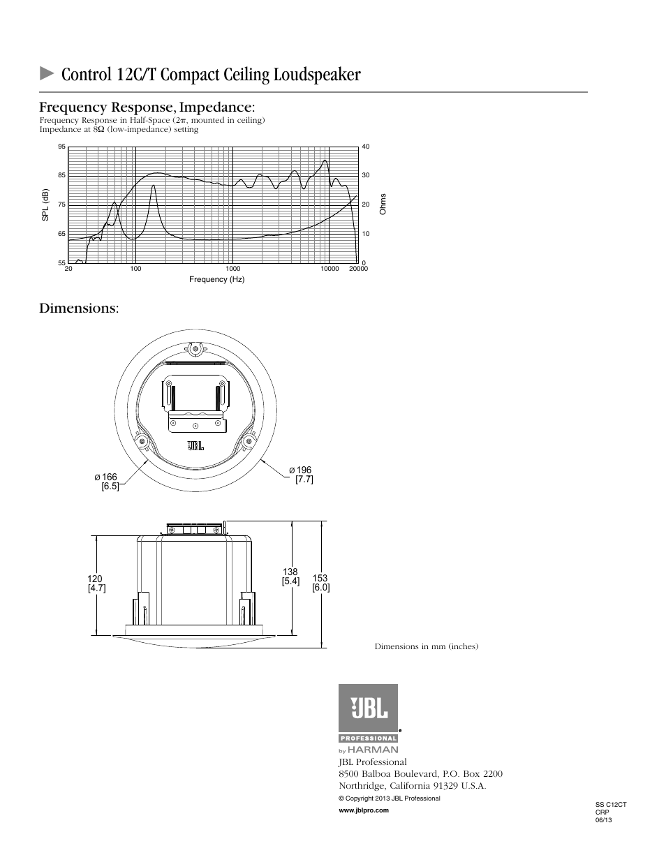 Ccontrol 12c/t compact ceiling loudspeaker, Dimensions, Frequency response, impedance | JBL Control 12C/T Series 3" 40W Passive Ceiling Loudspeaker (Pair, White) User Manual | Page 2 / 2