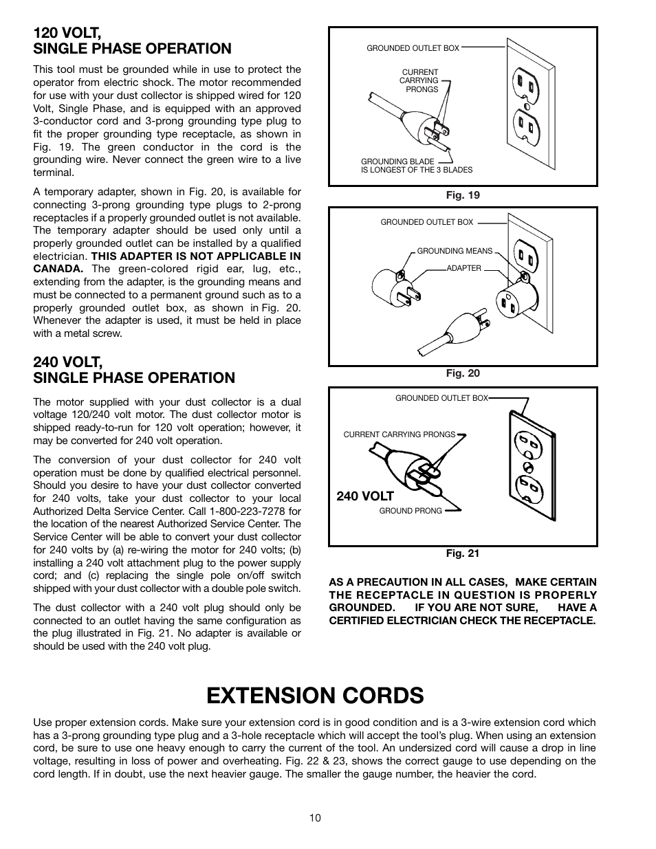 Extension cords, 120 volt, single phase operation, 240 volt, single phase operation | 240 volt | Delta 50-770 User Manual | Page 10 / 14