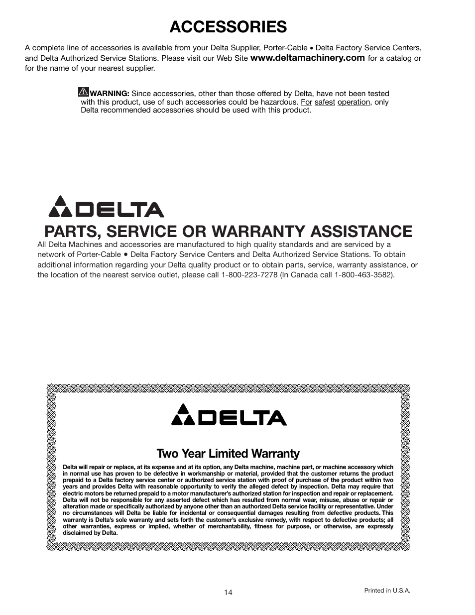 Parts, service or warranty assistance, Accessories, Two year limited warranty | Delta 50-770 User Manual | Page 14 / 14