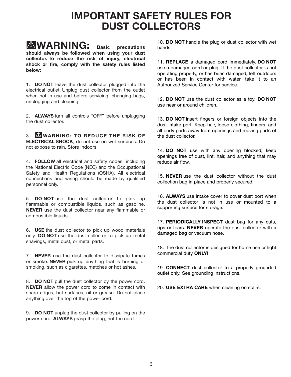 Important safety rules for dust collectors warning | Delta 50-770 User Manual | Page 3 / 14