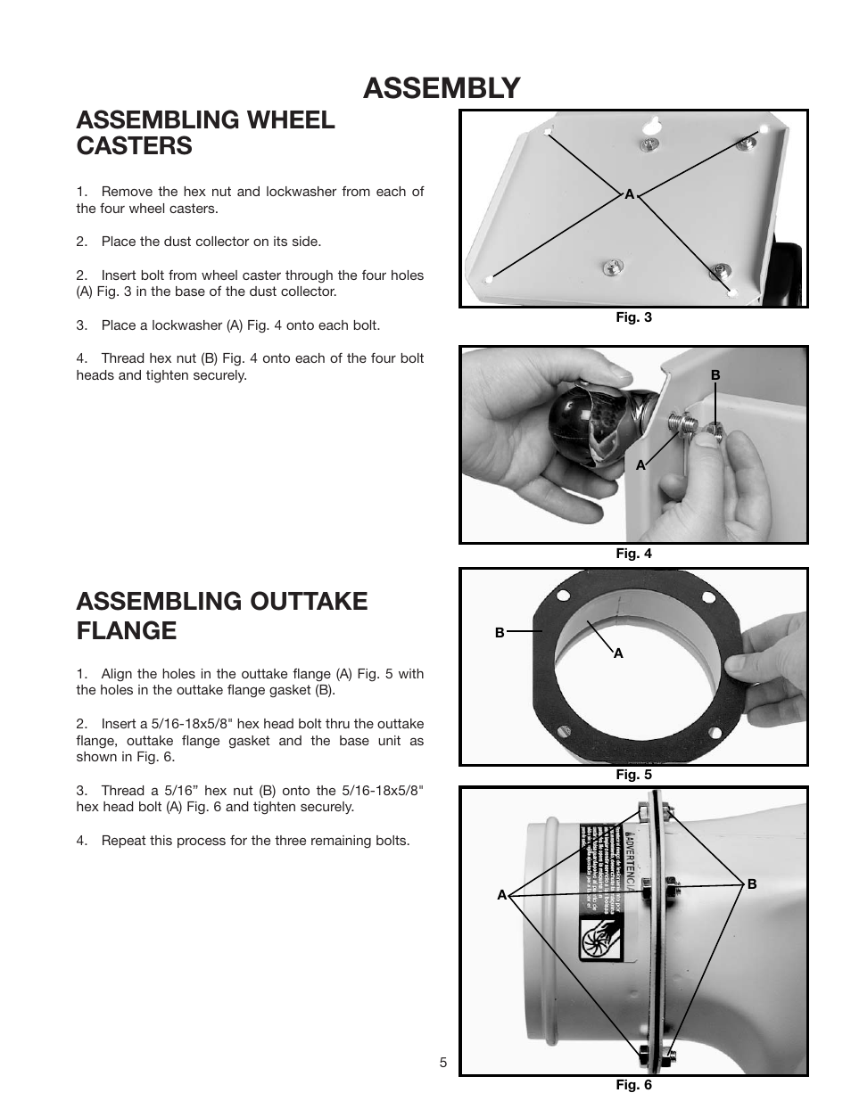 Assembly, Assembling wheel casters, Assembling outtake flange | Delta 50-770 User Manual | Page 5 / 14