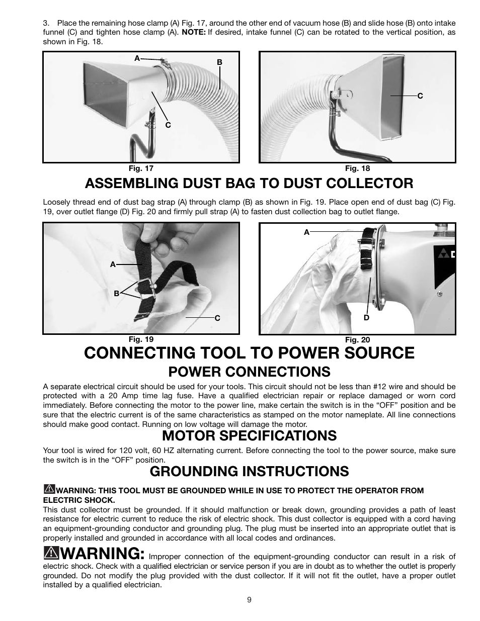 Connecting tool to power source, Warning, Assembling dust bag to dust collector | Power connections, Motor specifications, Grounding instructions | Delta 50-770 User Manual | Page 9 / 14