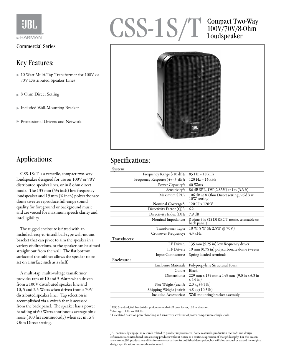 JBL CSS-1S/T 5.25" 2-Way 10W Passive Loudspeaker (Pair) User Manual | 2 pages