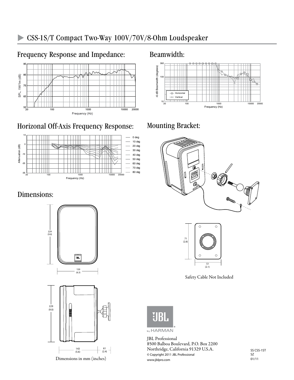 Dimensions, Mounting bracket | JBL CSS-1S/T 5.25" 2-Way 10W Passive Loudspeaker (Pair) User Manual | Page 2 / 2