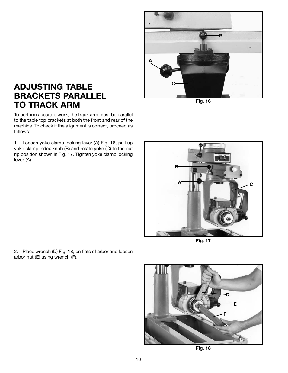 Adjusting table brackets parallel to track arm | Delta 33-891 User Manual | Page 10 / 28
