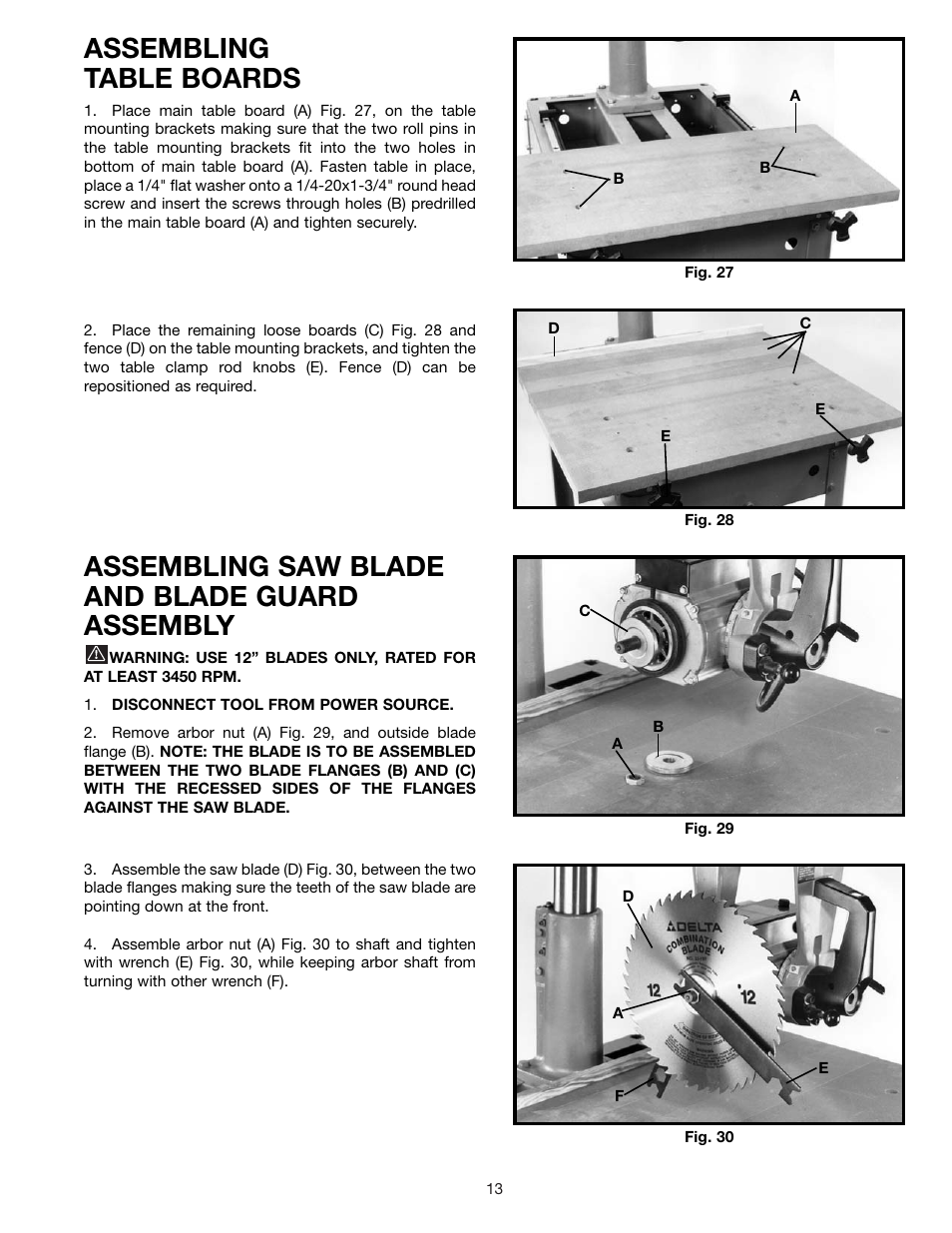 Assembling table boards, Assembling saw blade and blade guard assembly | Delta 33-891 User Manual | Page 13 / 28