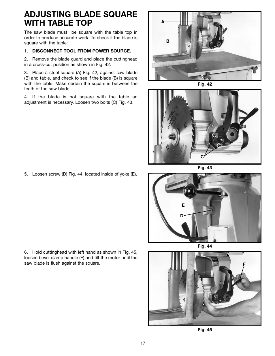 Adjusting blade square with table top | Delta 33-891 User Manual | Page 17 / 28