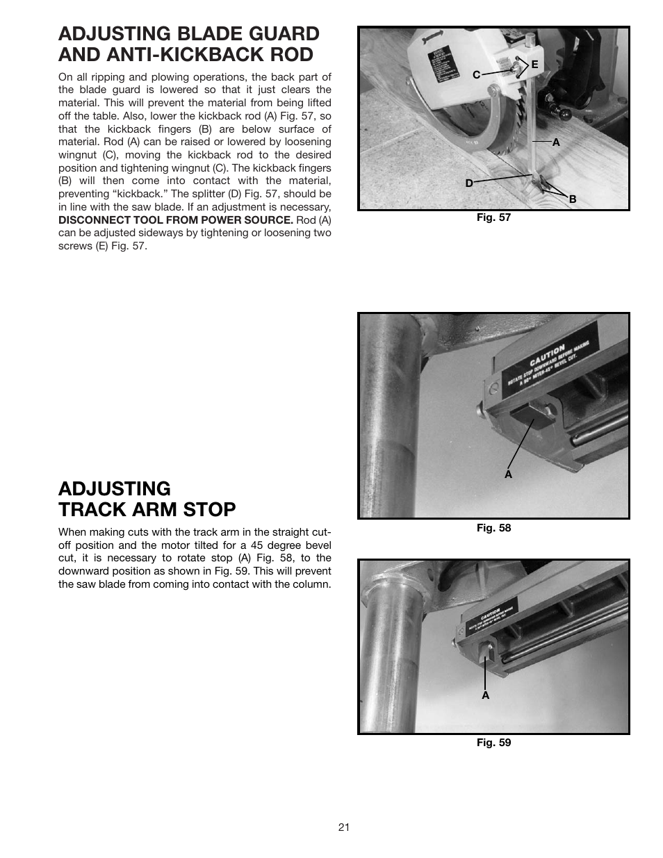 Adjusting blade guard and anti-kickback rod, Adjusting track arm stop | Delta 33-891 User Manual | Page 21 / 28