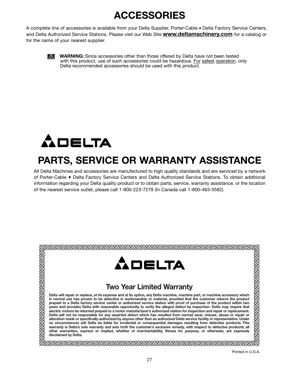 Parts, service or warranty assistance, Accessories, Two year limited warranty | Delta 33-891 User Manual | Page 27 / 28