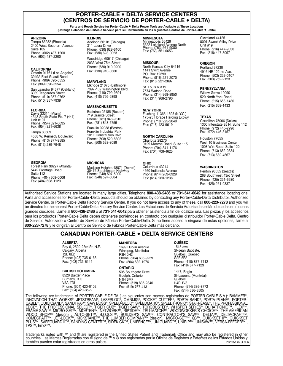 Porter-cable, Delta), Canadian porter-cable | Delta service centers | Delta 33-891 User Manual | Page 28 / 28
