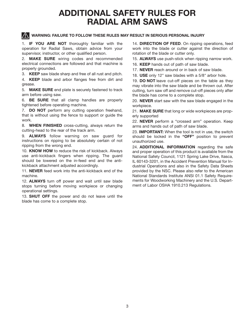 Additional safety rules for radial arm saws | Delta 33-891 User Manual | Page 3 / 28