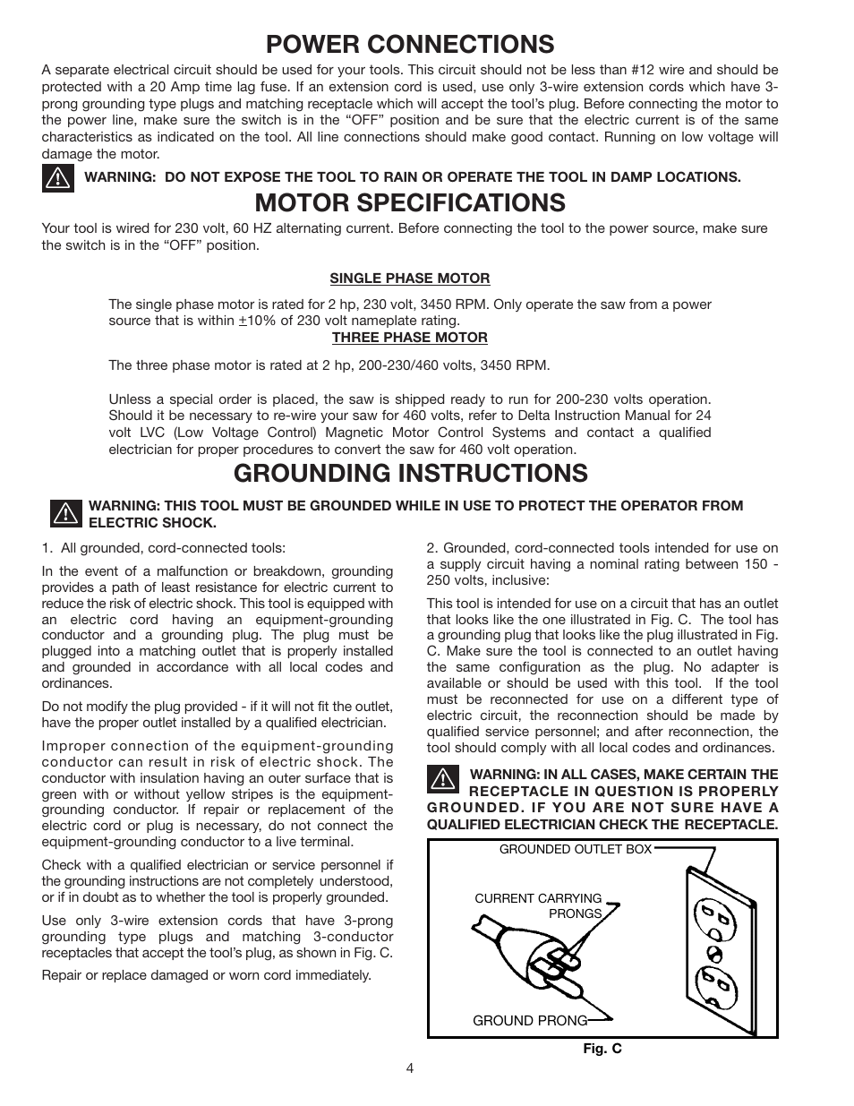 Power connections, Motor specifications, Grounding instructions | Delta 33-891 User Manual | Page 4 / 28