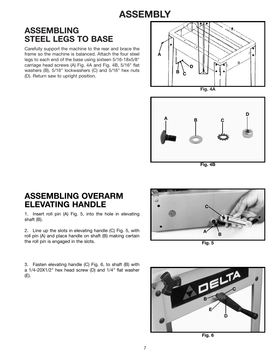 Assembly, Assembling steel legs to base, Assembling overarm elevating handle | Delta 33-891 User Manual | Page 7 / 28