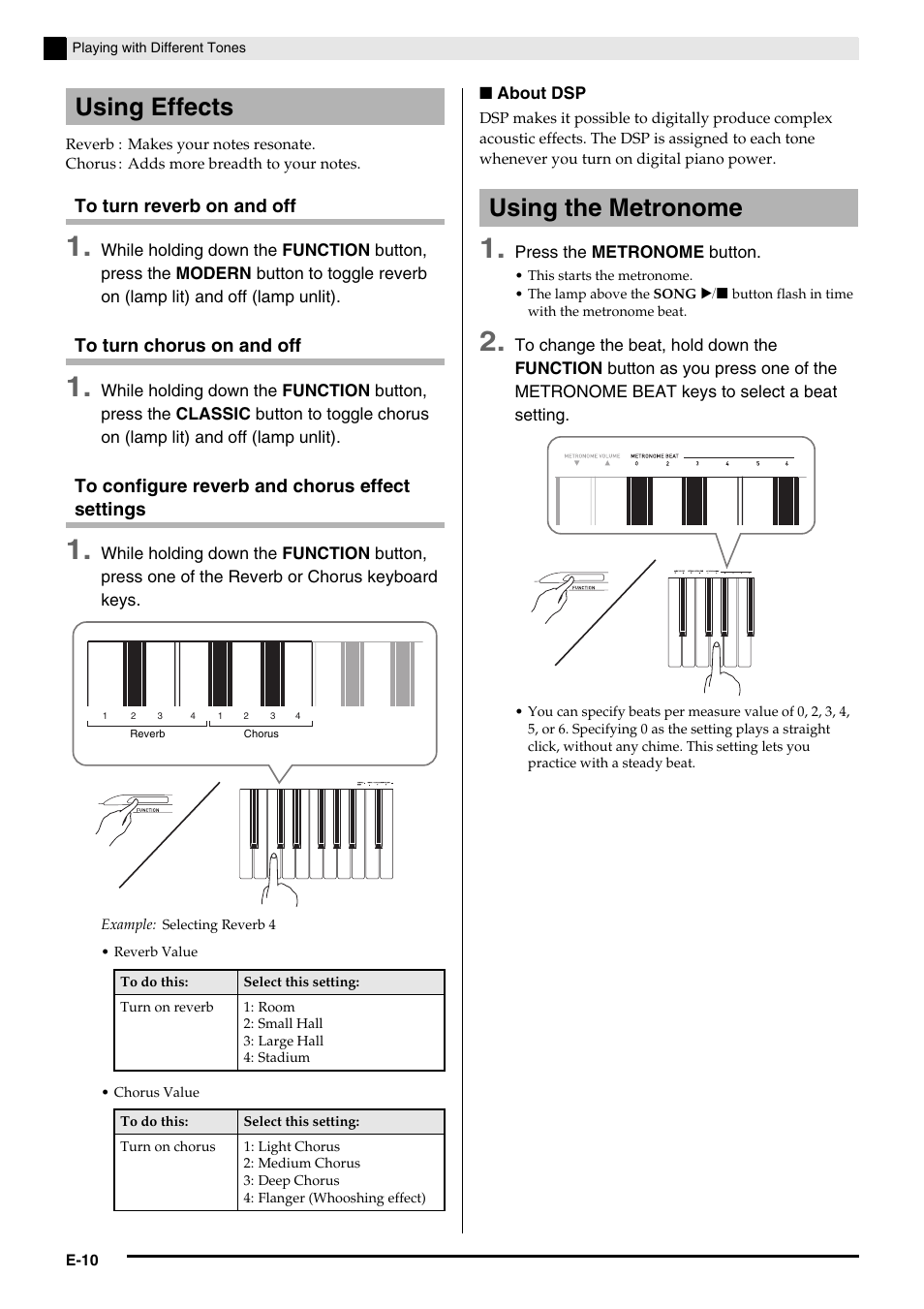 Using effects, Using the metronome | Casio PRIVIA PX130 User Manual | Page 12 / 36