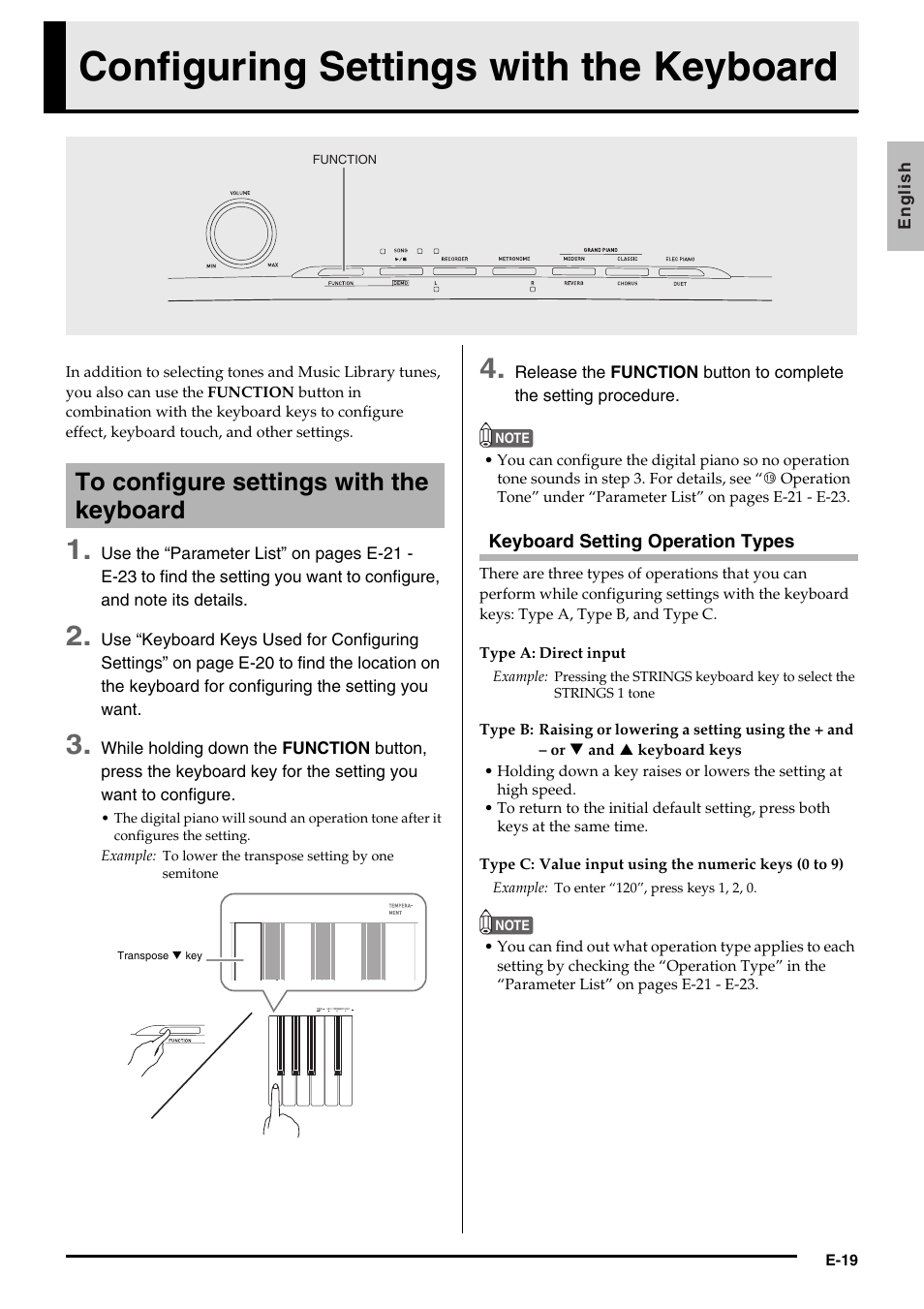 Configuring settings with the keyboard | Casio PRIVIA PX130 User Manual | Page 21 / 36