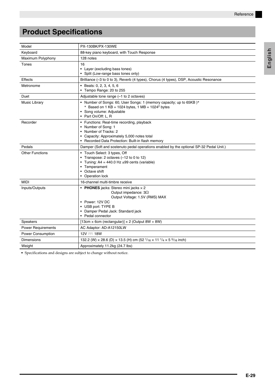 Product specifications, English | Casio PRIVIA PX130 User Manual | Page 31 / 36