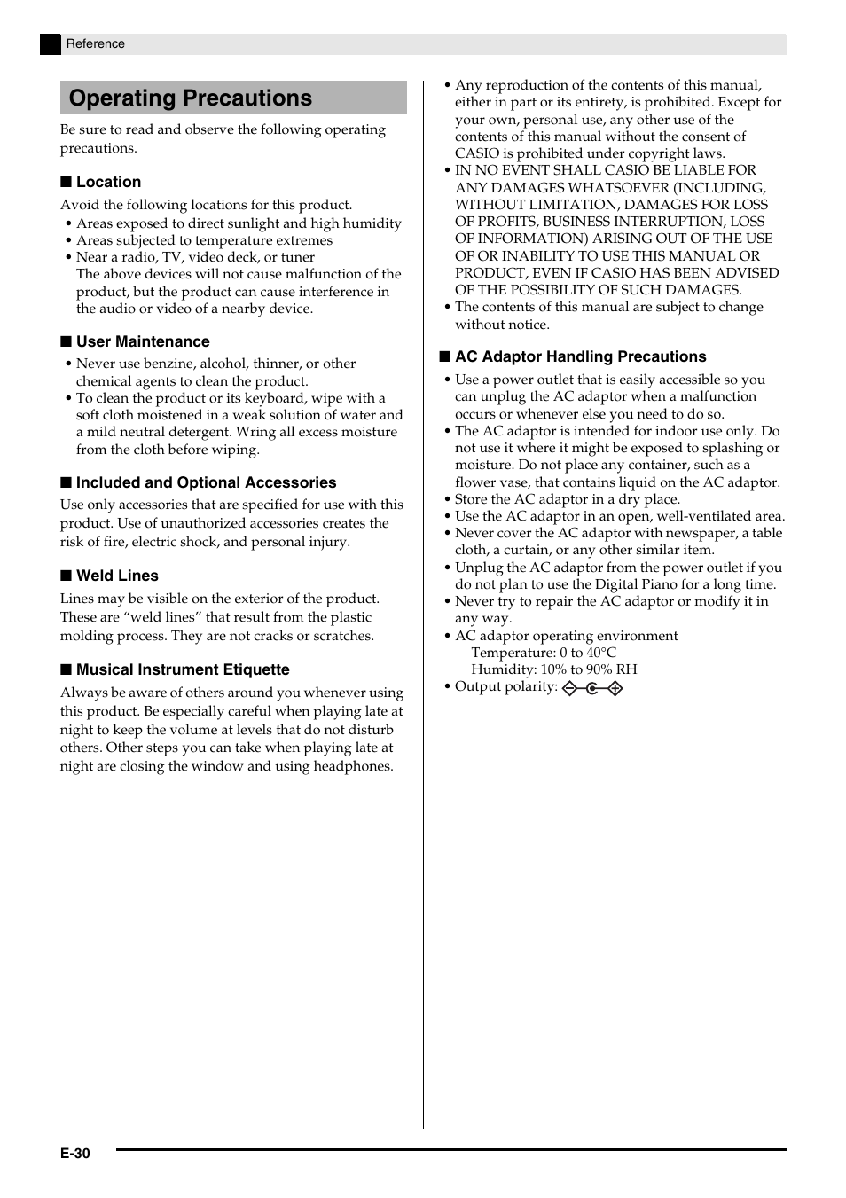 Operating precautions | Casio PRIVIA PX130 User Manual | Page 32 / 36