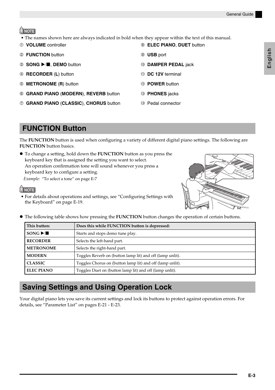 Function button, Saving settings and using operation lock | Casio PRIVIA PX130 User Manual | Page 5 / 36