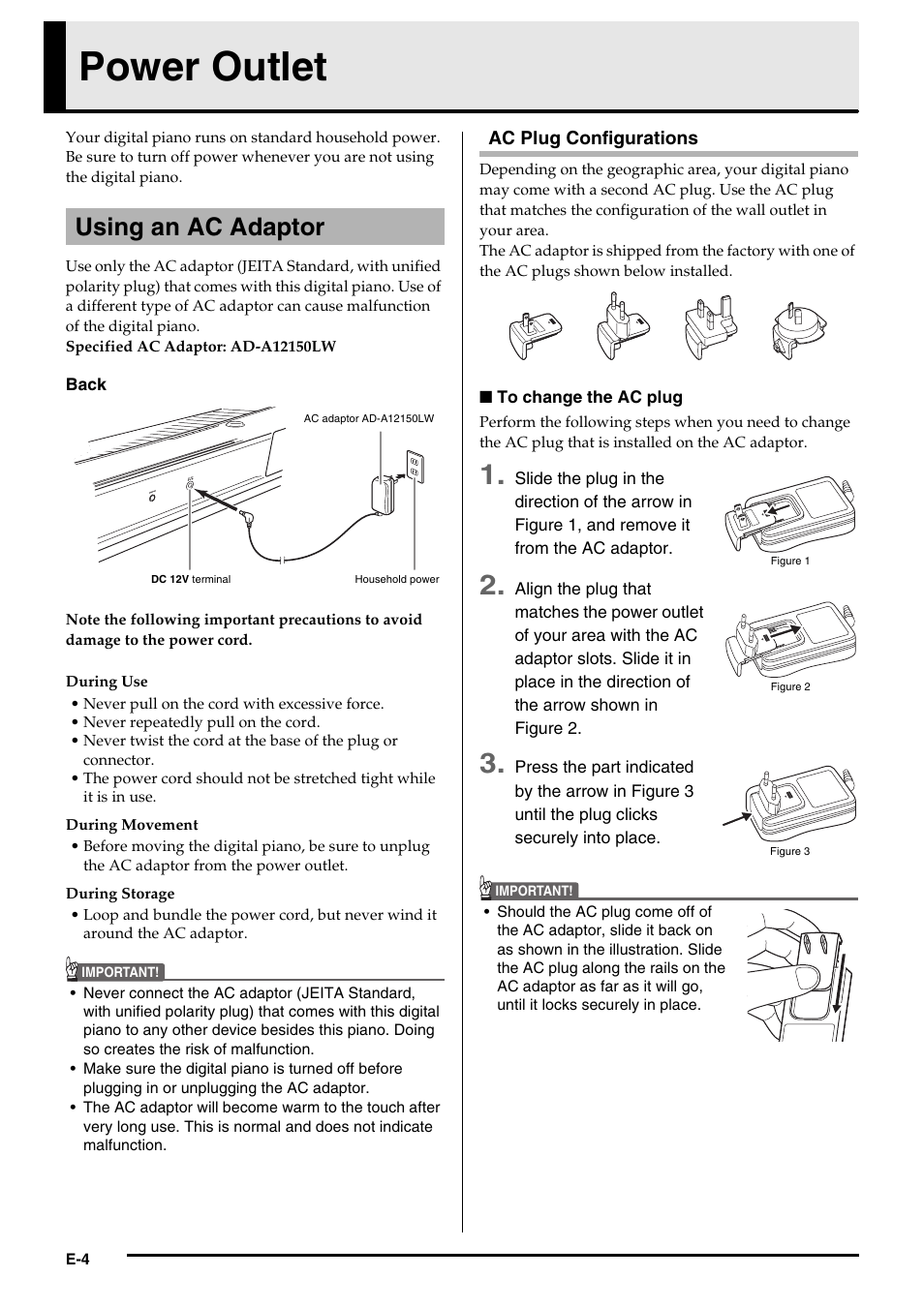 Power outlet, Using an ac adaptor | Casio PRIVIA PX130 User Manual | Page 6 / 36