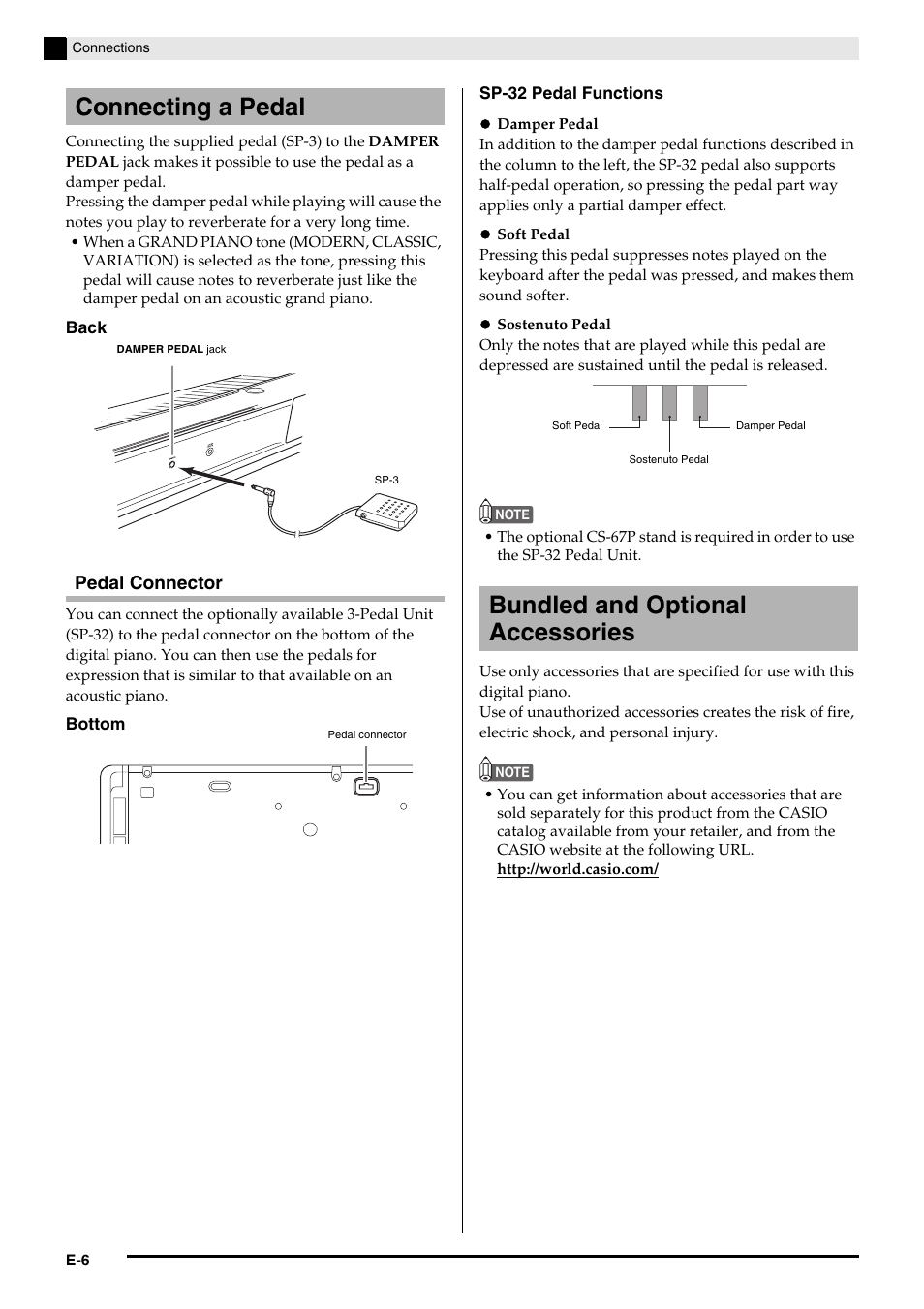 Connecting a pedal, Bundled and optional accessories, Pedal connector | Casio PRIVIA PX130 User Manual | Page 8 / 36