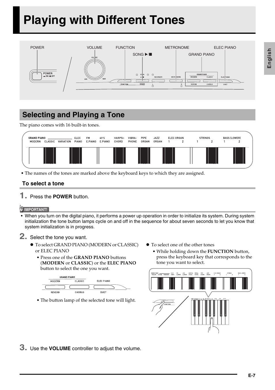 Playing with different tones, Selecting and playing a tone | Casio PRIVIA PX130 User Manual | Page 9 / 36