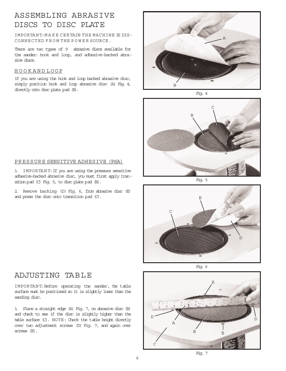 Assembling abrasive discs to disc plate, Adjusting ta b l e | Delta 31-750 User Manual | Page 6 / 12
