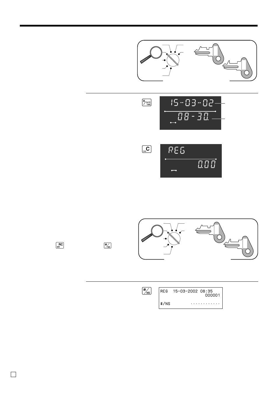 Basic operations and setups, Displaying the time and date, Xc preparing coins for change | Opening the drawer without a sale, Mode switch | Casio TE-2000 User Manual | Page 24 / 88