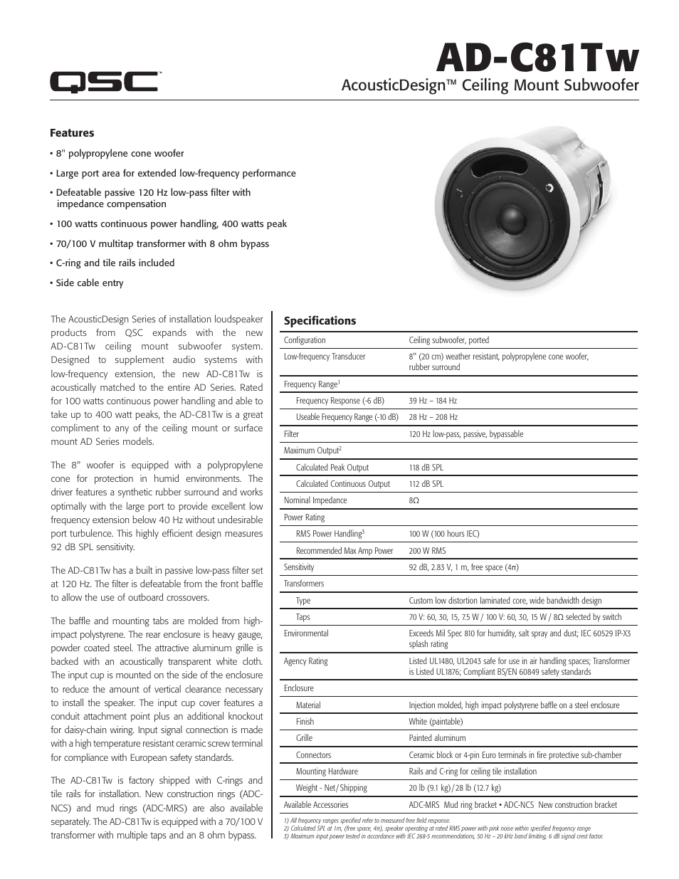 QSC Audio AD-C81TW Ceiling Mount Subwoofer System (White) User Manual | 2 pages