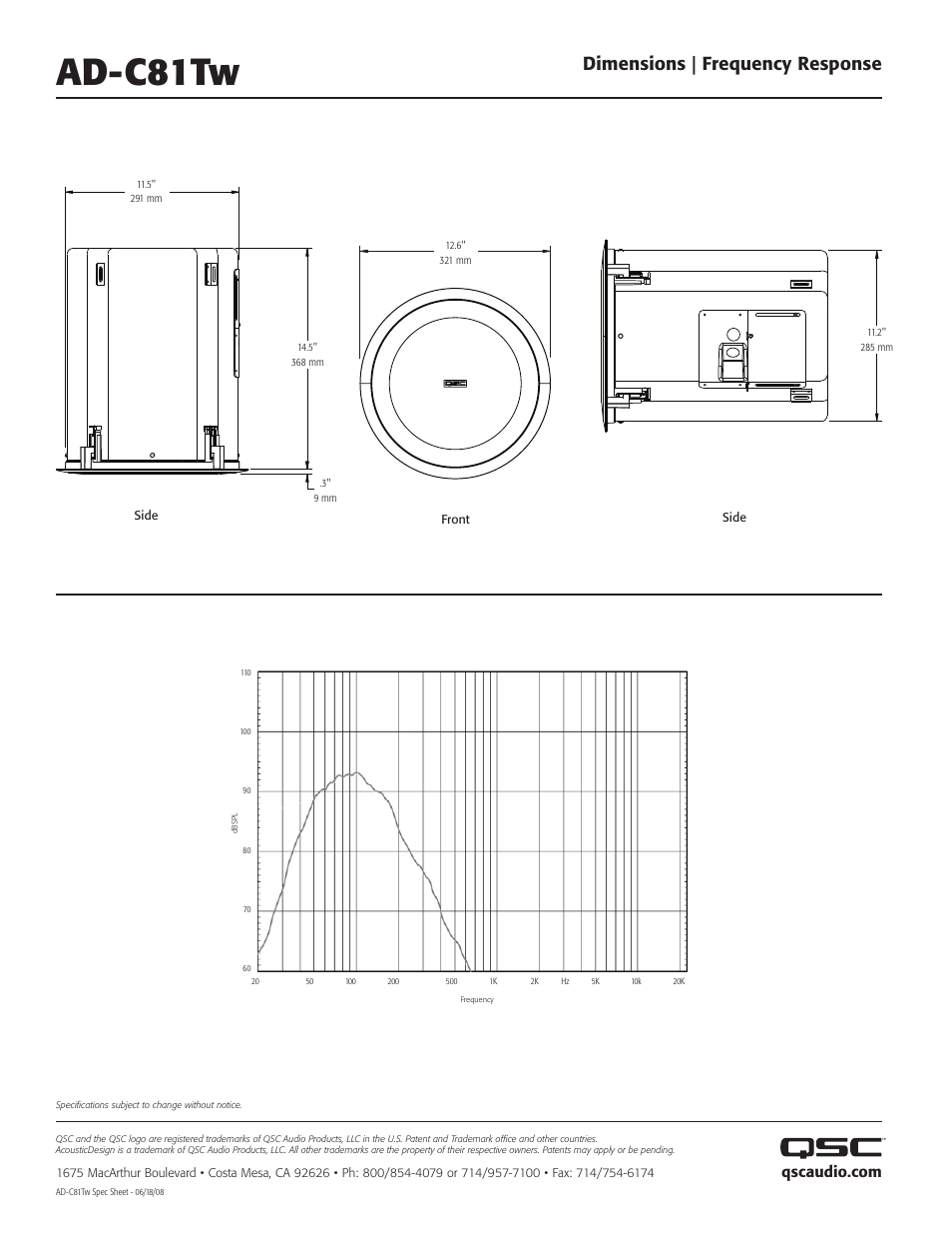 Ad-c81tw, Dimensions | frequency response | QSC Audio AD-C81TW Ceiling Mount Subwoofer System (White) User Manual | Page 2 / 2