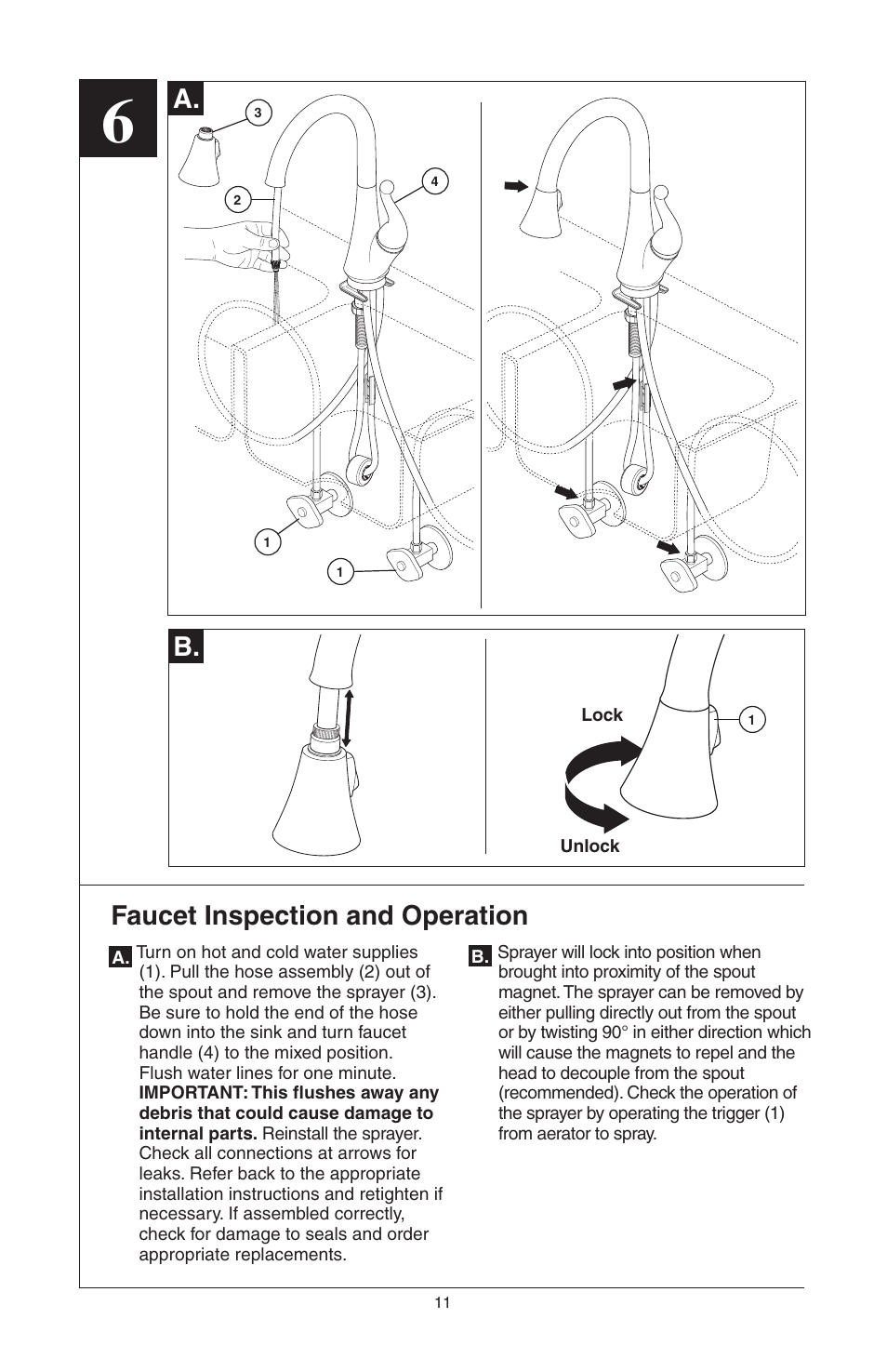 Faucet inspection and operation, A. b | Delta 16968-DST Series User Manual | Page 11 / 40