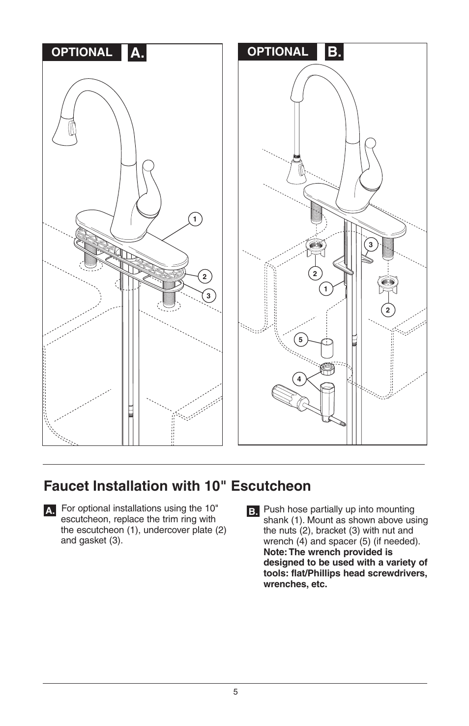 Faucet installation with 10" escutcheon, Optional | Delta 16968-DST Series User Manual | Page 5 / 40