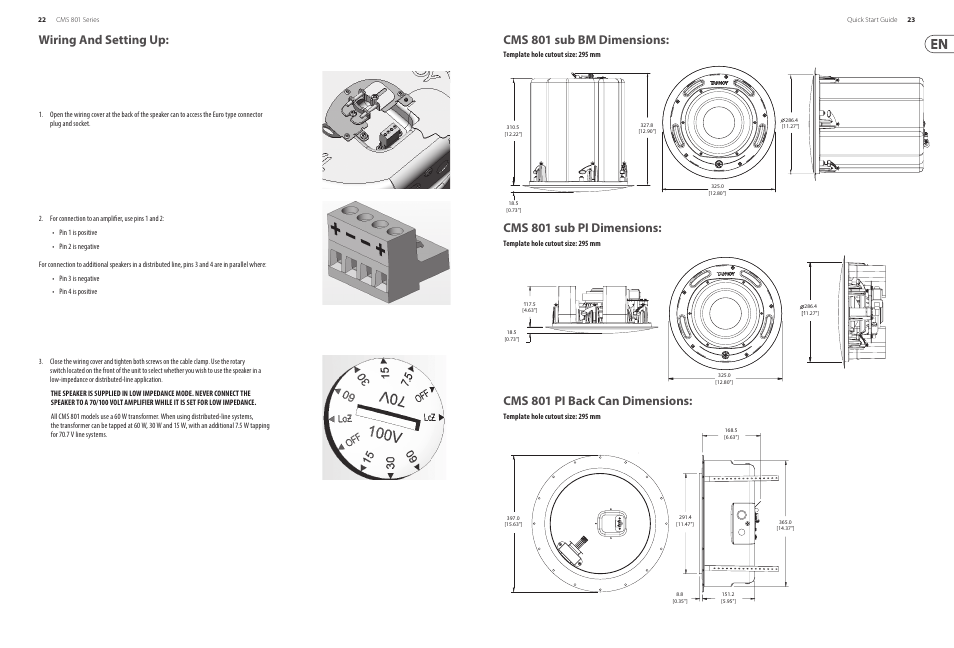 Wiring and setting up: cms 801 sub bm dimensions, Cms 801 sub pi dimensions, Cms 801 pi back can dimensions | Tannoy 8" Compact Ceiling Mounted Subwoofer for Installation Applications (Pre-Install)(Pair) User Manual | Page 12 / 24