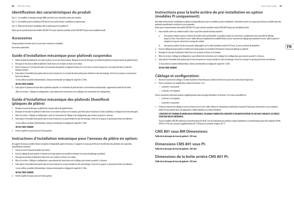 Identification des caractéristiques du produit, Accessoires, Câblage et configuration | Cms 801 sous bm dimensions, Dimensions cms 801 sous pi, Dimensions de la boîte arrière cms 801 pi | Tannoy 8" Compact Ceiling Mounted Subwoofer for Installation Applications (Pre-Install)(Pair) User Manual | Page 14 / 24