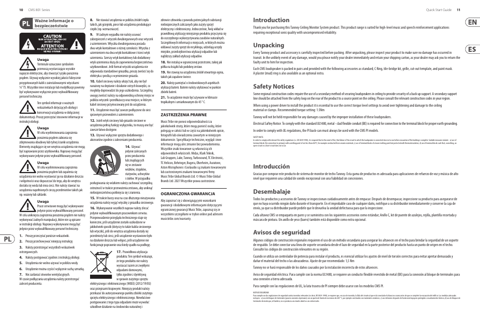 Introduction, Unpacking, Safety notices | Introducción, Desembalaje, Avisos de seguridad | Tannoy 8" Compact Ceiling Mounted Subwoofer for Installation Applications (Pre-Install)(Pair) User Manual | Page 6 / 24