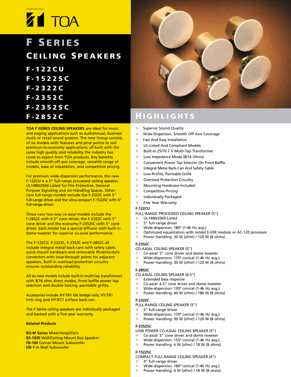 TOA Electronics 5" Co-axial 6 Watt Ceiling Speaker User Manual | 12 pages