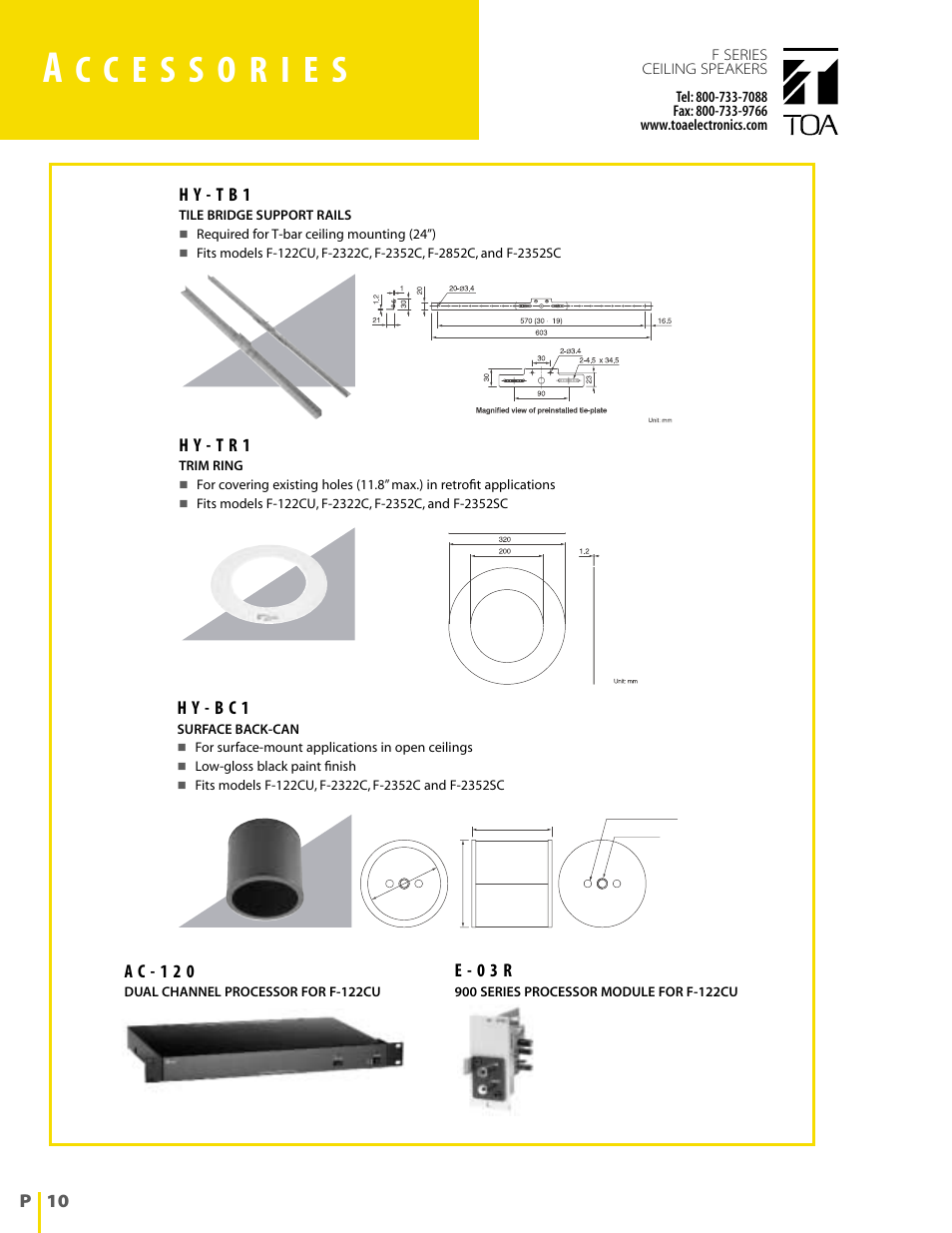 H y - t r 1, H y - t b 1, H y - b c 1 | A c - 1 2 0, E - 0 3 r, P 10 | TOA Electronics 5" Co-axial 6 Watt Ceiling Speaker User Manual | Page 10 / 12