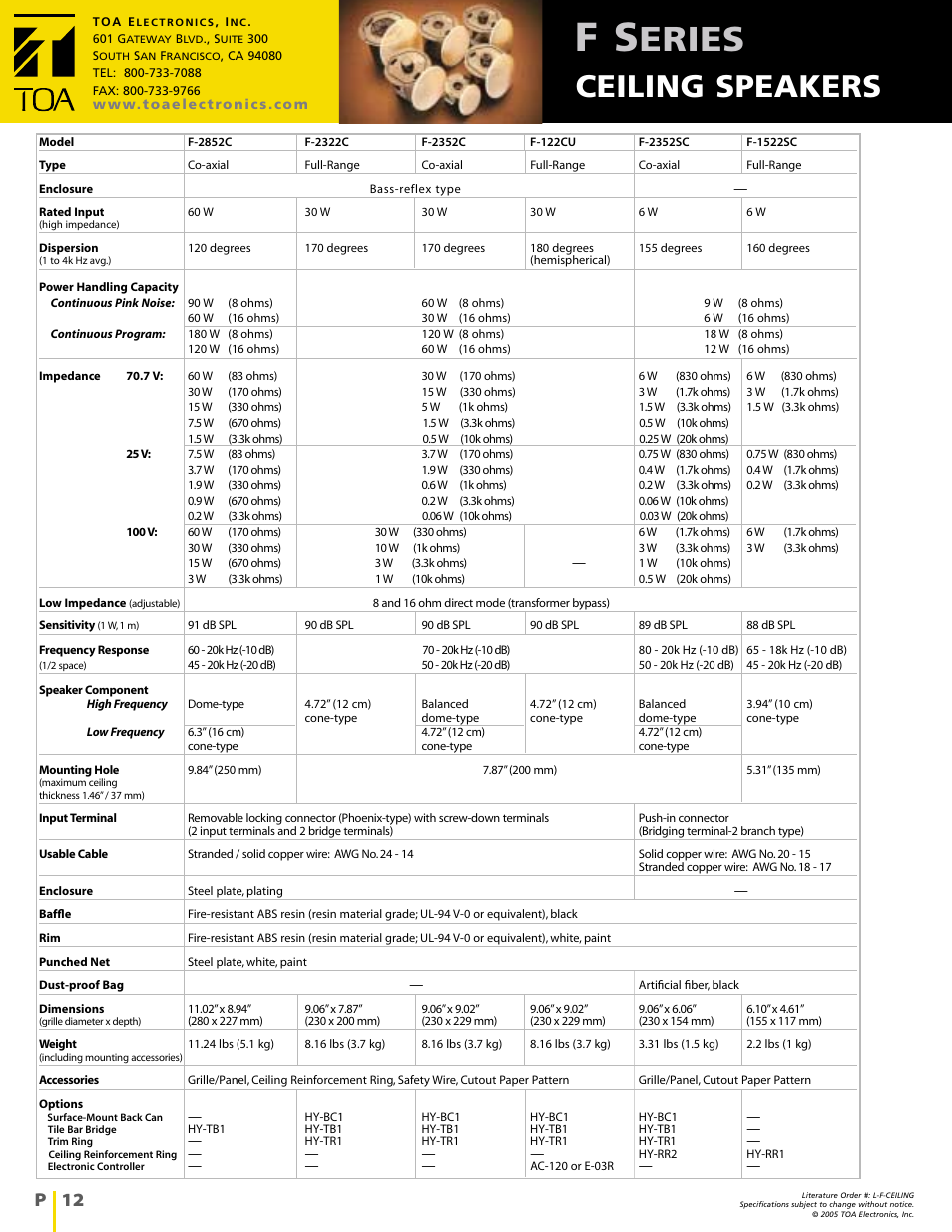Eries, Ceiling speakers, P 12 | TOA Electronics 5" Co-axial 6 Watt Ceiling Speaker User Manual | Page 12 / 12