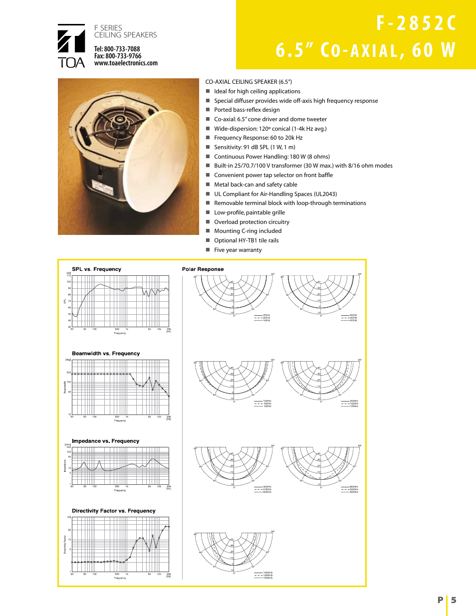 6 0 w | TOA Electronics 5" Co-axial 6 Watt Ceiling Speaker User Manual | Page 5 / 12