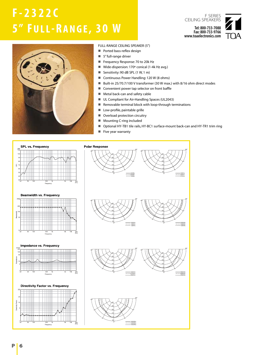 3 0 w, U l l, A n g e | TOA Electronics 5" Co-axial 6 Watt Ceiling Speaker User Manual | Page 6 / 12