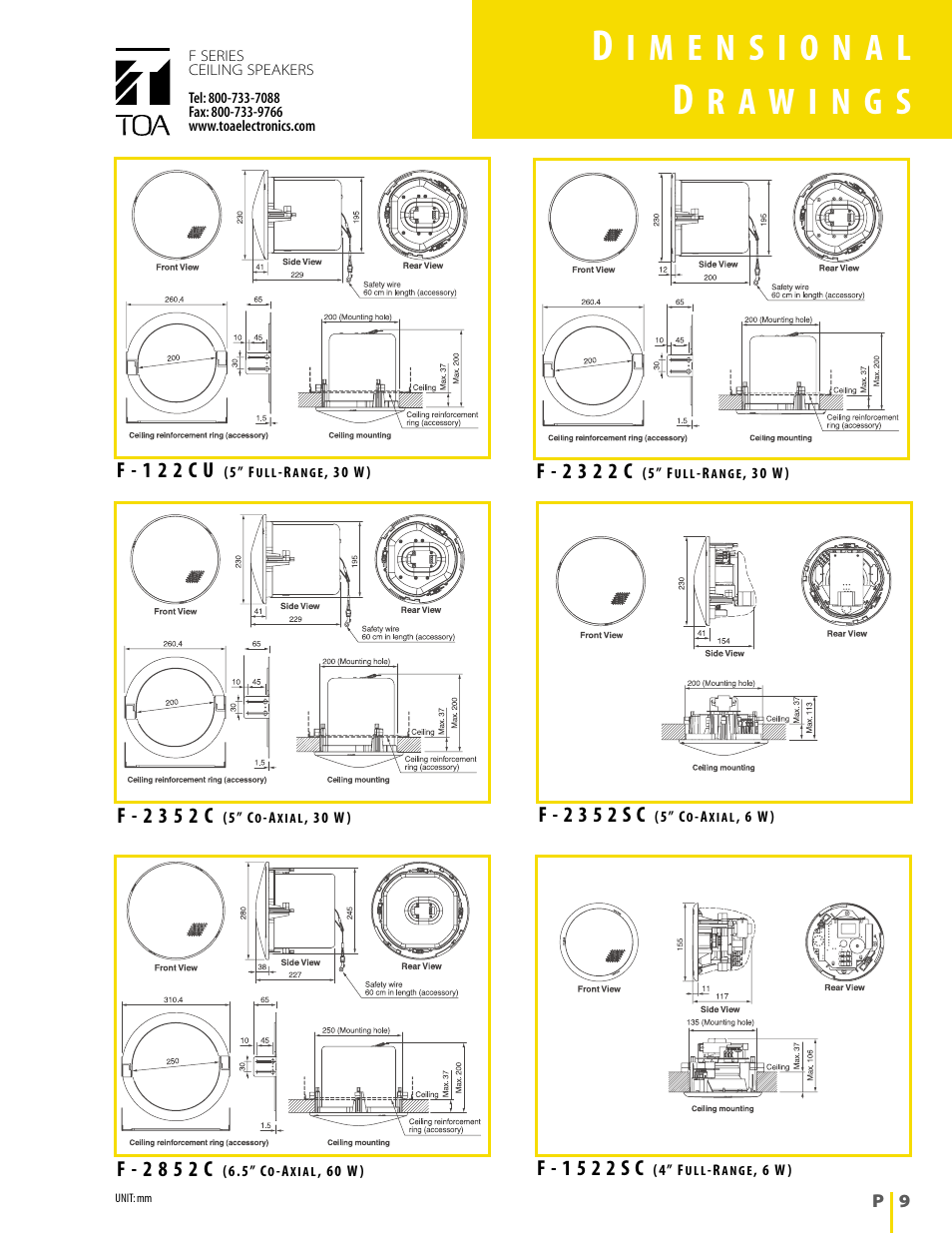 F - 1 2 2 c u, F - 2 3 5 2 c, F - 2 8 5 2 c | F - 2 3 2 2 c, F - 2 3 5 2 s c, F - 1 5 2 2 s c | TOA Electronics 5" Co-axial 6 Watt Ceiling Speaker User Manual | Page 9 / 12