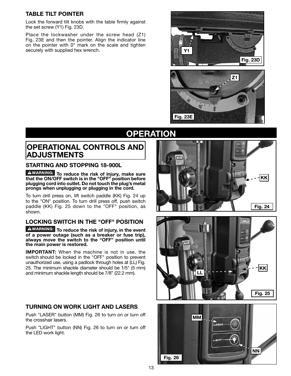 Operation, Operational controls and adjustments | Delta 18-900L User Manual | Page 13 / 68