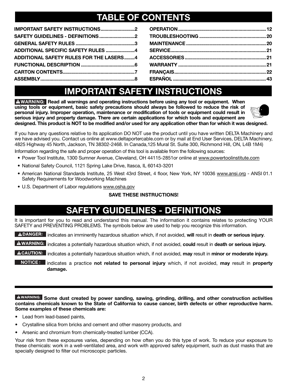 Table of contents important safety instructions, Safety guidelines - definitions | Delta 18-900L User Manual | Page 2 / 68