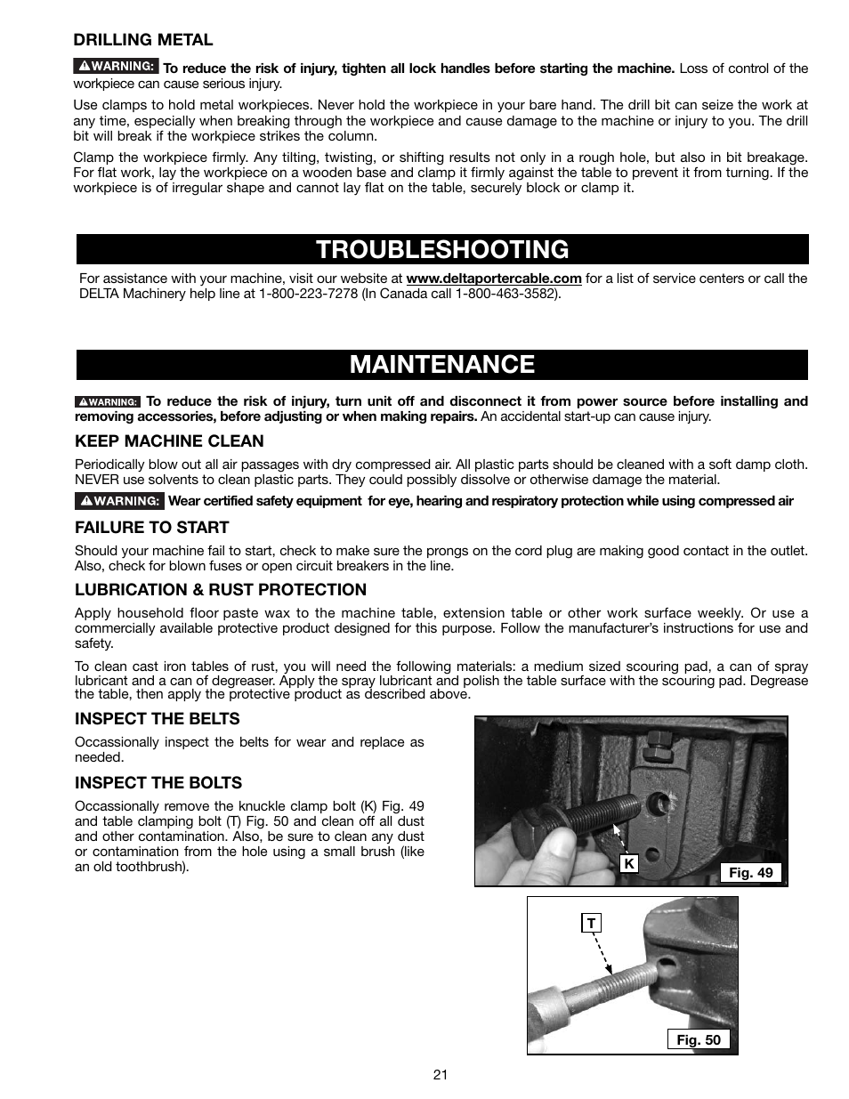 Troubleshooting, Maintenance | Delta 18-900L User Manual | Page 21 / 68