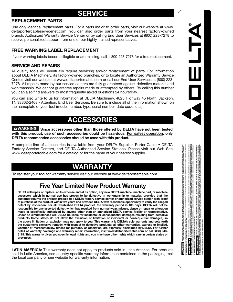 Service, Accessories, Warranty | Five year limited new product warranty, Replacement parts, Free warning label replacement, Service and repairs | Delta 18-900L User Manual | Page 22 / 68