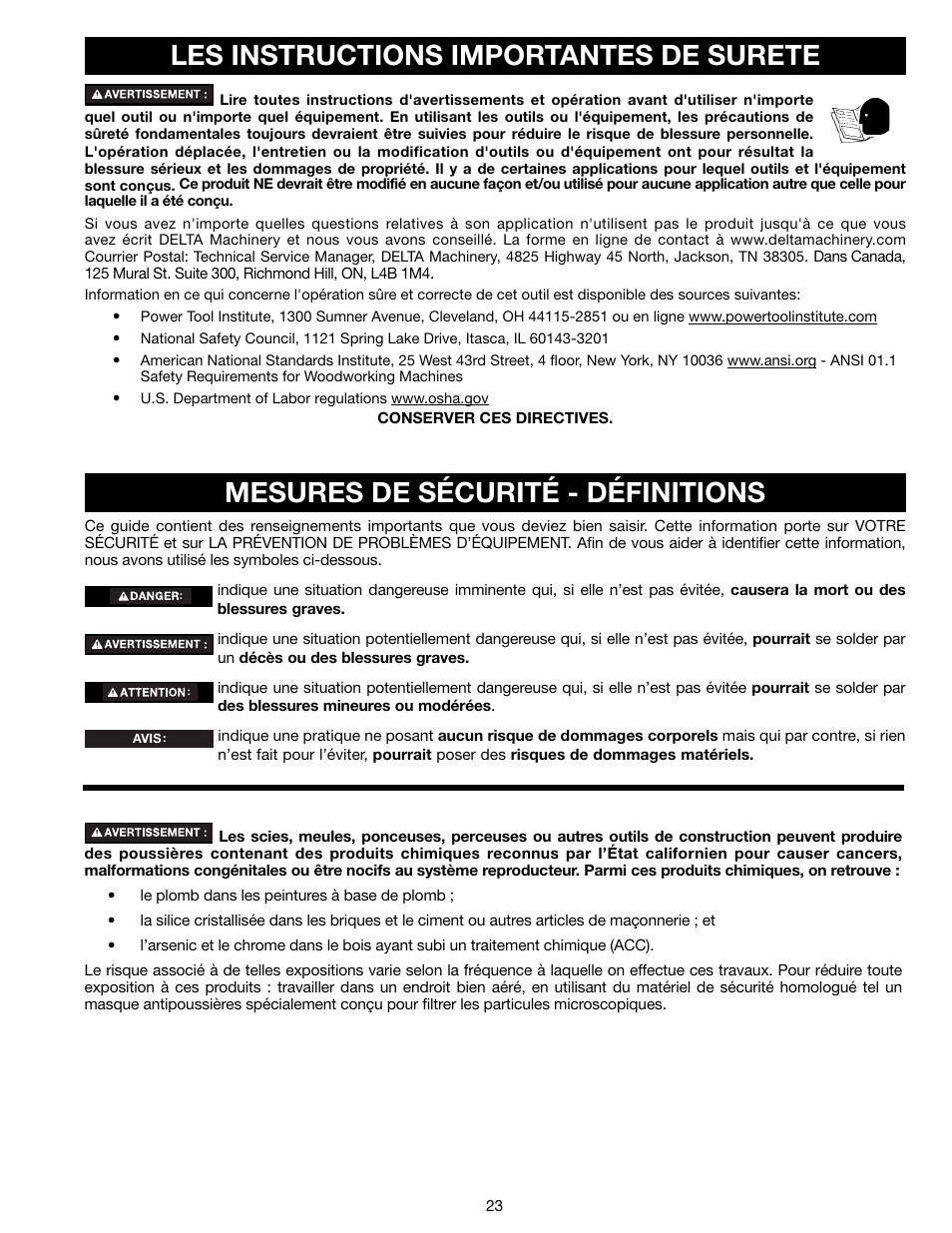 Les instructions importantes de surete, Mesures de sécurité - définitions | Delta 18-900L User Manual | Page 23 / 68