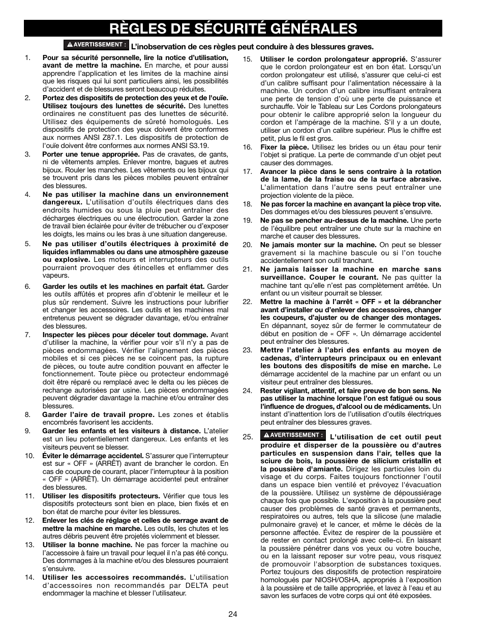 Règles de sécurité générales | Delta 18-900L User Manual | Page 24 / 68